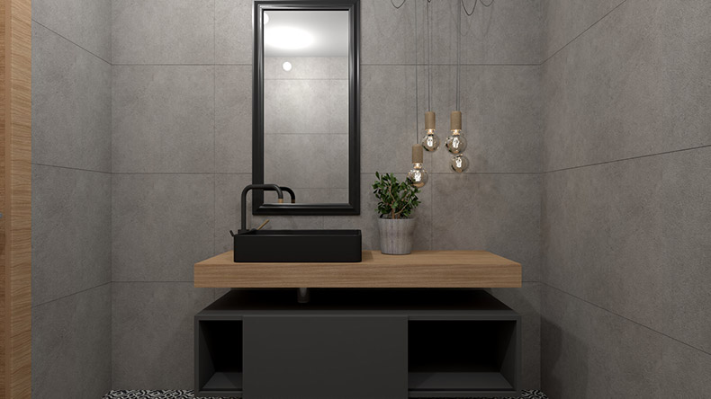 industrial bathroom with ceiling hung lighting