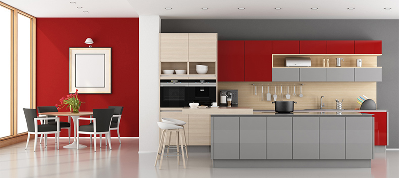 grey and red kitchen#